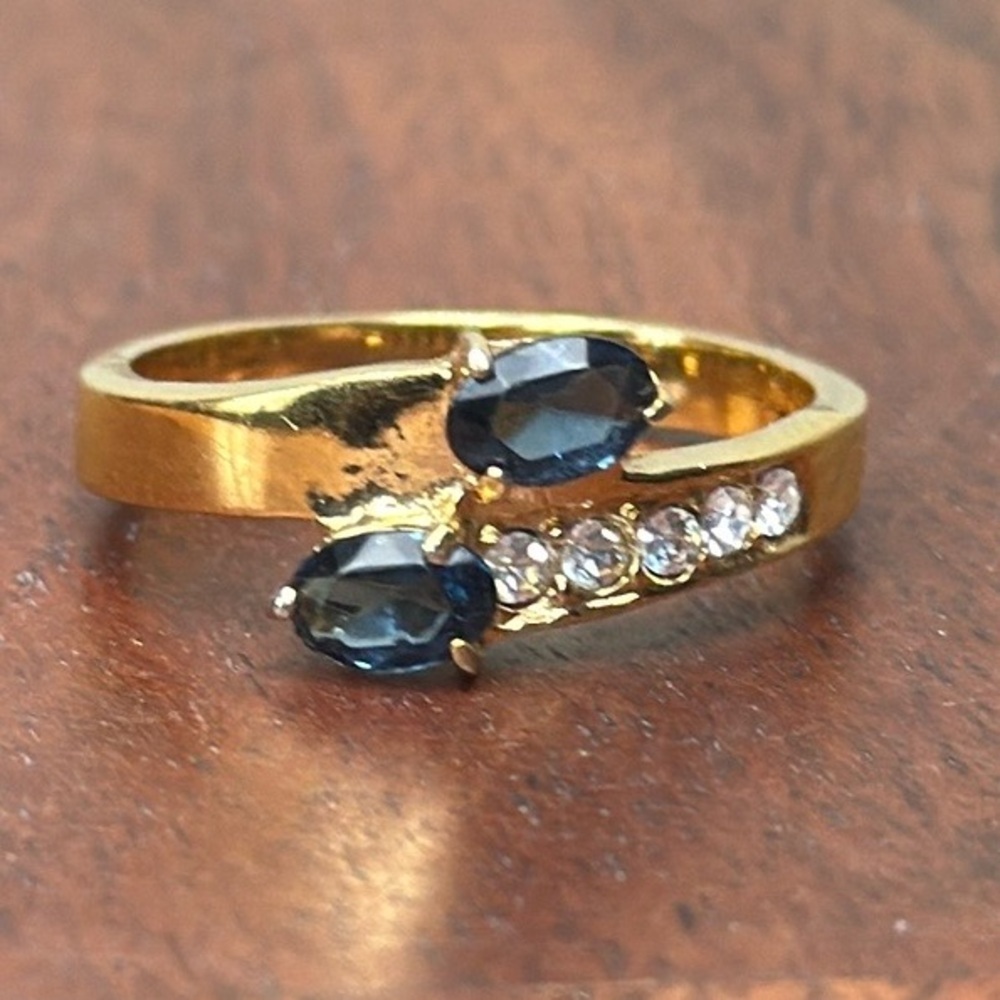 Gold Bypass Ring with Oval Blue & White Stones